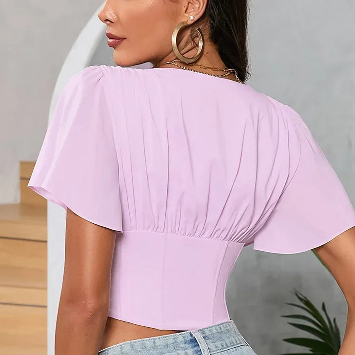 Suninheart Summer Sexy Chiffon Pleated Top Women Ruffle Short Sleeve Corset Top Casual Female's Blouse 2024