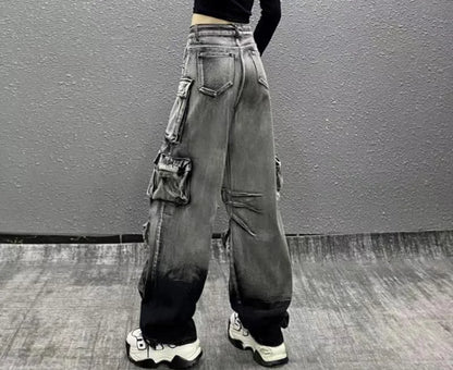 DEAT Fashion Women's Jeans High Waist Multiple Pockets Water Wash Gradient Streetwear Denim Cargo Pants Spring 2024 New 7AB3332