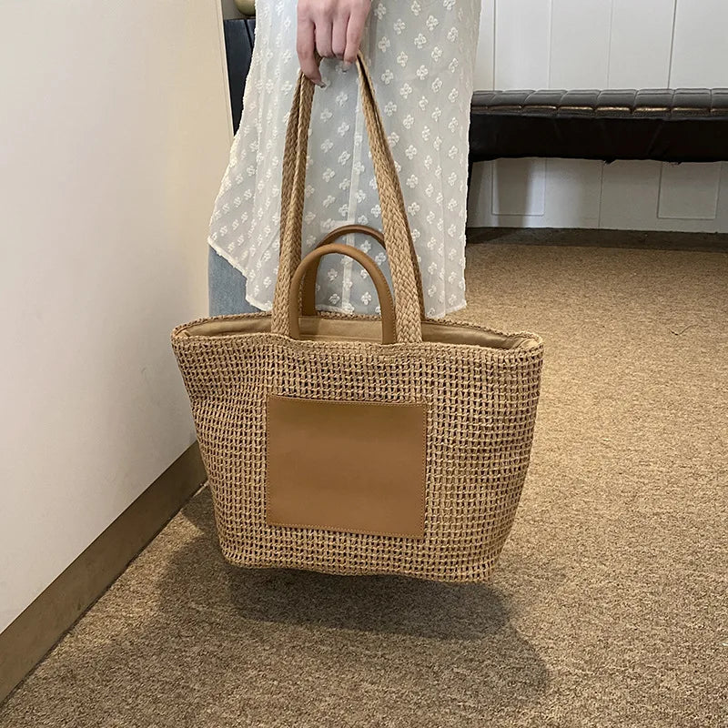 Casual Large Capacity Straw Tote Bag Hollow Paper Weave Women Shoulder Bags Handmade Summer Beach Handbag Big Bali Shopper Purse