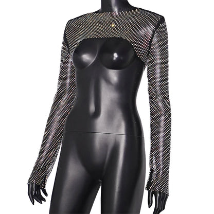 Haut court sexy à manches longues pour femme, débardeur en maille transparente avec strass, vêtement de détente, pour la plage, le carnaval, le club, été, 2024