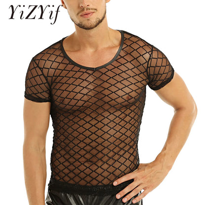 2022 Fashion Men Mesh T Shirt See Through Short Sleeve Slim Party Nightclub Wear Sexy T-shirts Top Thin Breathable Camiseta