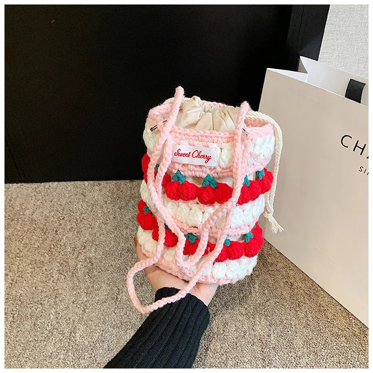 Handmade Woven Cherry Woolen Bag Fresh Fruit Woven Bag Crochet Knitted Bag Leisure String Shoulder Crossbody Bag 2024 New