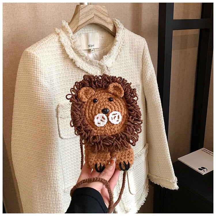 Cute Little Lion Bag For Girls Women's Funny Mobile Phone Coin Purse Winter Knitting Shoulder Crossbody Bag