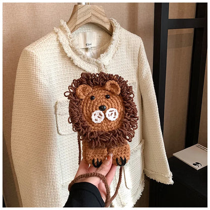 Cute Little Lion Bag For Girls Women's Funny Mobile Phone Coin Purse Winter Knitting Shoulder Crossbody Bag