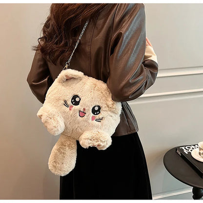 Bolso estilo japonés rosa kawaii para mujer, bolso de hombro de felpa con dibujos de gato para mujer, bolso cruzado, bolso pequeño para teléfono y cartera, novedad de 2024