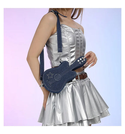 Cute guitar bag women's crossbody bag fashion denim shoulder bag creative phone bag for women