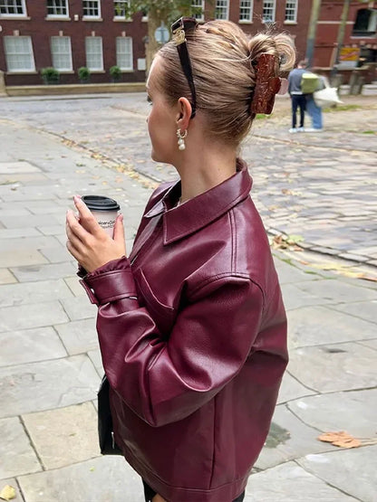 Suninheart Women Red Lapel Zipper Leather Cropped Coat Autumn Casual Long Sleeve Jacket 2023 Winter Fashion Office Streetwear