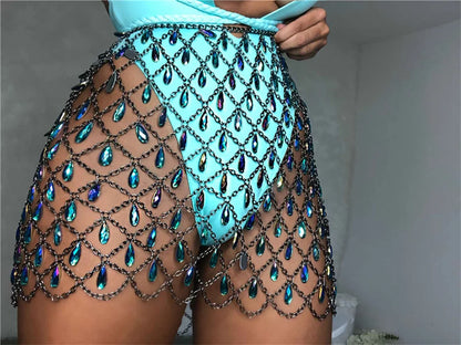 Sexy Bling Metal Body Chain Gem Sequins Skirt Women Crazy Summer Beach Hollow Out Crystal Nightclub Party Mini Skirts