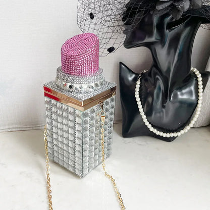 Bolso de mano vintage con forma de lápiz labial y cristales de diamantes de imitación para mujer, para bodas, fiestas y banquetes