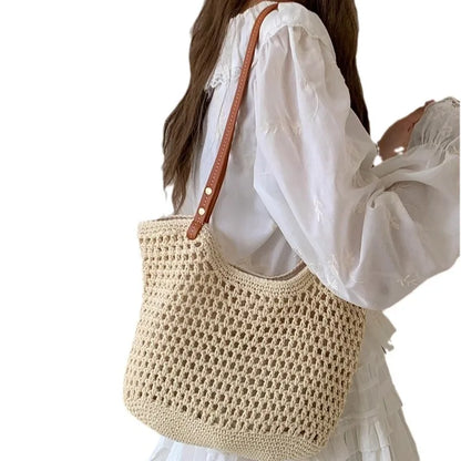 Casual Hollow Out Large Capacity Tote Bag Milk Cotton Weave Women Shoulder Bags Handmade Summer Beach Bag Big Bali Shopper Purse