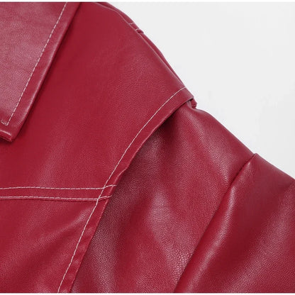 Suninheart Women Red Lapel Zipper Leather Cropped Coat Autumn Casual Long Sleeve Jacket 2023 Winter Fashion Office Streetwear