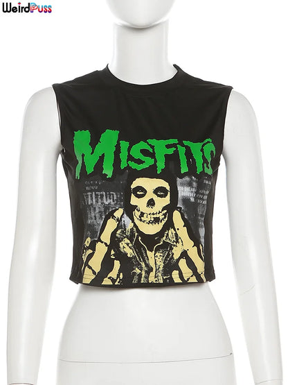 Blusa corta estilo Halloween para mujer con estampado de calavera y letras, cuello redondo, sin mangas, informal, básica, para festivales, ropa de calle Y2K