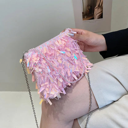 Bolsos pequeños tipo bandolera para mujer, con borlas y lentejuelas doradas, hechos a mano, para fiestas de noche, a la moda