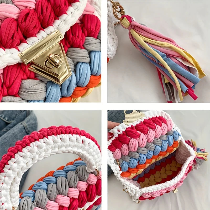 Fashion Colorful Crochet Women Handbags Trend Handmade Woven Chains Shoulder Crossbody Bag Small Flap Female Purses 2024