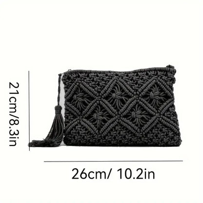 Bolso de mano tejido con cuerda de moda para mujer, bolso de mano informal con borlas huecas, bolsos de playa de verano hechos a mano 2024