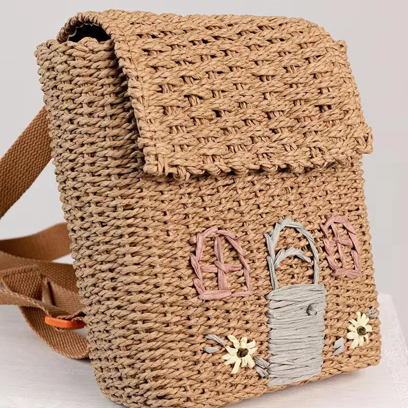 Cute House Shape Straw Backpacks for Little Girls Funny Handmade Woven Back Pack Lovely Summer Beach Bag for Children 2023 Bags