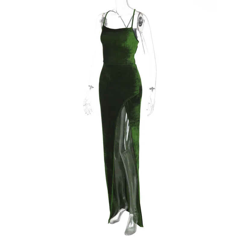 Dulzura - Vestido largo con cordones y tirantes de terciopelo verde para mujer, con abertura lateral, espalda descubierta, ajustado, sexy, para fiesta de graduación, elegante, para fiesta de cumpleaños