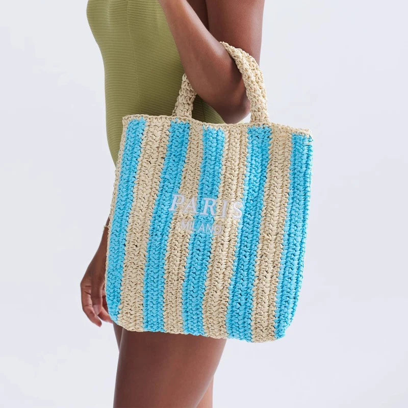 Casual Striped Straw Tote Bag Designer Letters Woven Women Handbags Handmade Summer Beach Bag Big Bali Travel Shopper Purse 2024