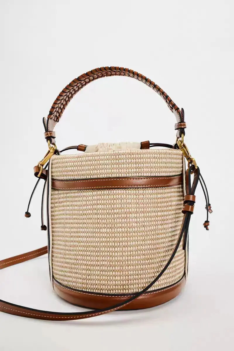 Fashion Straw Bucket Bag Weave Women Handbags Designer Panelled Shoulder Crossbody Bags Casual Summer Beach Small Tote Purses