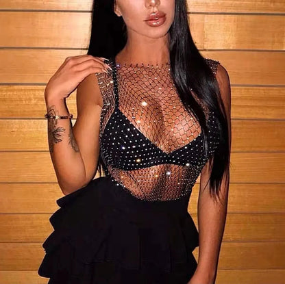 Sexy Women Tops Crystal Diamonds Mesh Rhinestone Tank Top Summer New Beachwear See Through Fishnet Party Crop Top