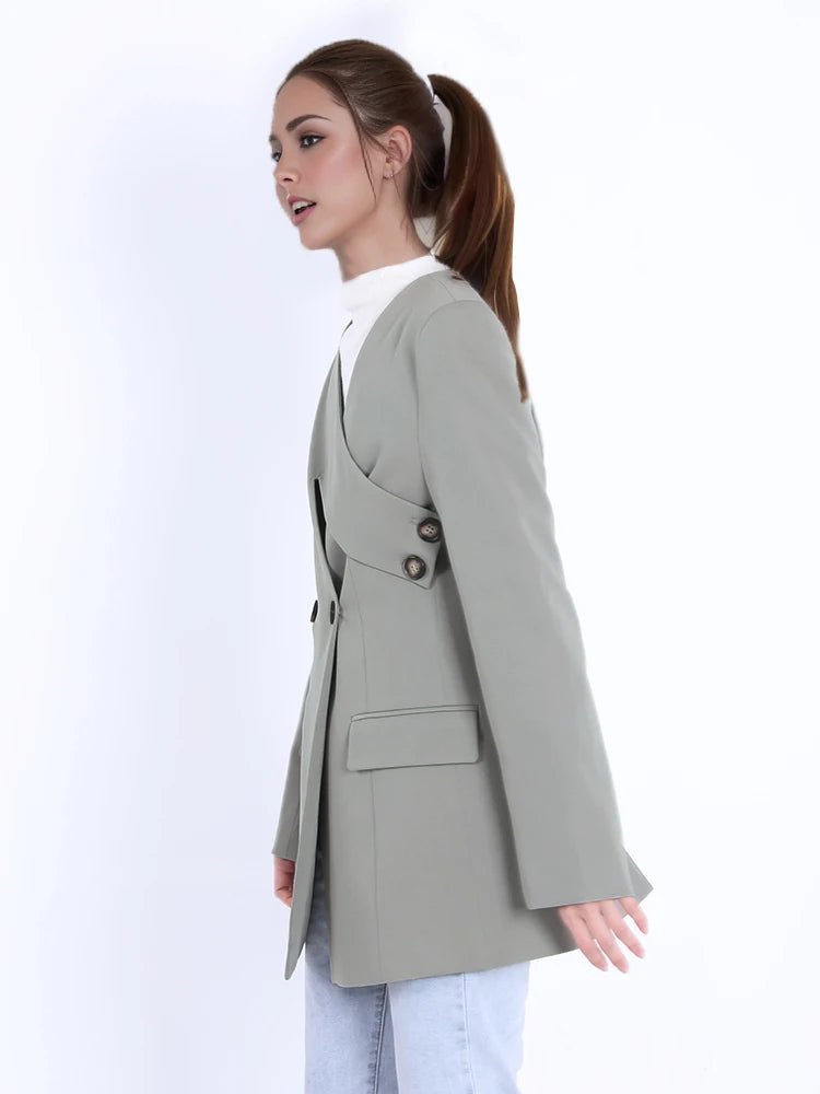 DEAT Fashion Blazer pour femme, col en V, déconstruction, bouton latéral, taille, manches longues, veste de costume grise, printemps 2024, nouvelle tendance CPDB002