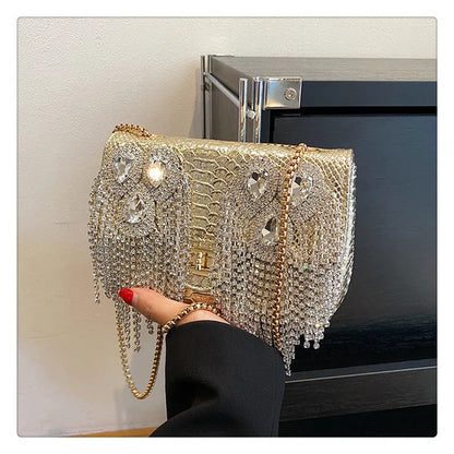 Evening Small Square Bags for Women 2023 Fashion Diamond Tassel Handbag Leather Chain Luxury Party Sparkle Shoulder Bag Woman