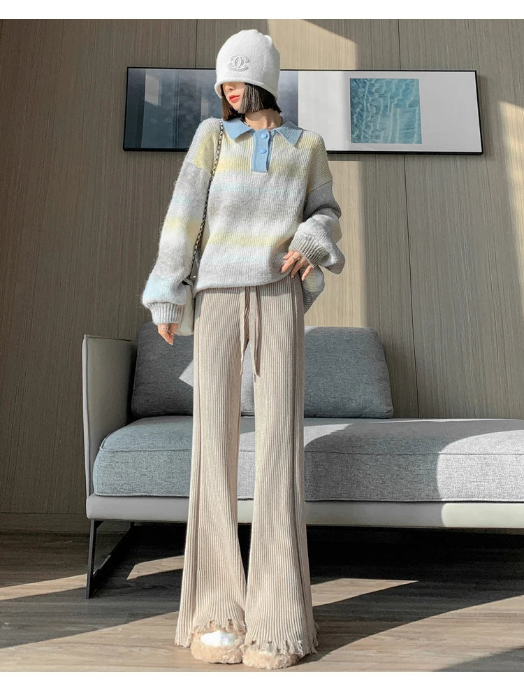 Suninheart Tassels Wide Leg Knitted Pants Women Winter Stripe Loose Trousers Femme Casual Full Length Warm Sweater Pants 2022