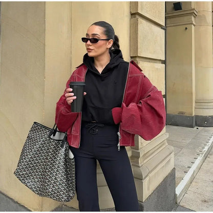 Chaquetas bomber de cuero con cremallera para mujer, abrigos casuales a rayas, elegantes, con solapa, holgadas, de manga larga, para motocicleta, otoño 2024