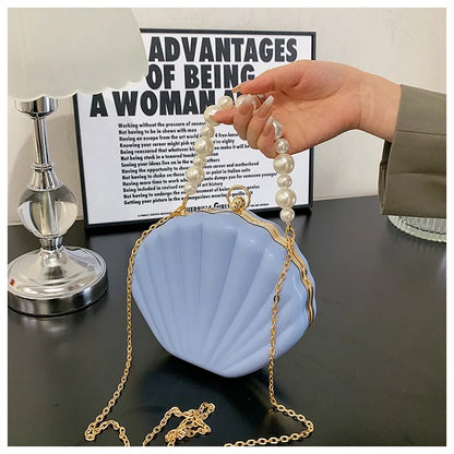 Fashion Shell Design Women Shoulder Bags Pearls Handle Lady Handbags Candy Color Pu Leather Crossbody Bag Small Female Purses