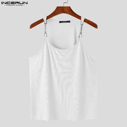 Sexy Stylish Style Tops INCERUN New Men's Metal Chain Suspender Vests Fashion Casual Streetwear Sleeveless Solid Tank Tops S-5XL