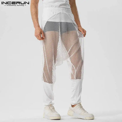 Pantalones nuevos para hombre con estilo sexy INCERUN 2024, pantalones de malla transparente con parches, pantalones elásticos con perspectiva informal, tallas S-5XL