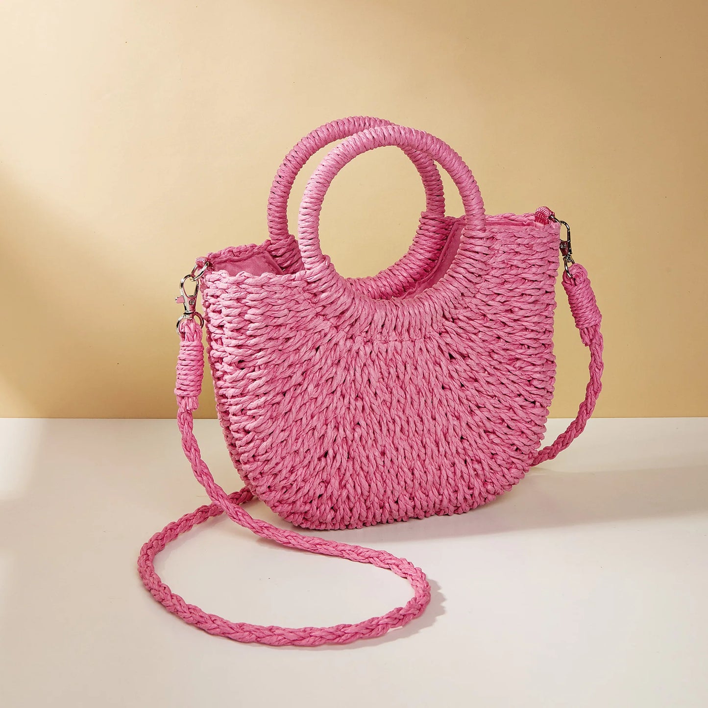 Bolso de paja estilo canasta de color caramelo informal, tejido con cuerda, para mujer, hecho a mano, para playa, para verano, pequeño, para vacaciones, 2024