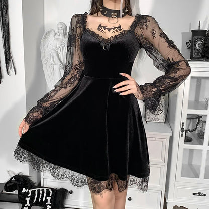 E-girlGrunge Gothic Black Mini Dress Lace Trim High Waist Bodycon Dress Y2K Women 90s Vintage Punk Harajuku Lolita Clothes