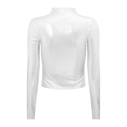 Womens y2k T-shirt 2024 Fashion Shiny Metallic Long Sleeve Mock Neck Slim Fit Tops Disco Party Clubwear Streetwear Popular Cloth