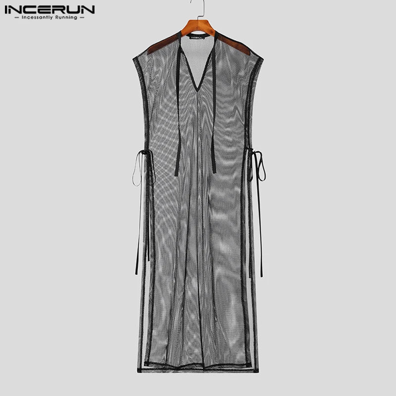 Hauts de style décontracté élégant INCERUN pour hommes Sexy Transparent Mesh Long-style Débardeurs Homme Col en V Sangle Sans Manches Gilets Minces S-5XL