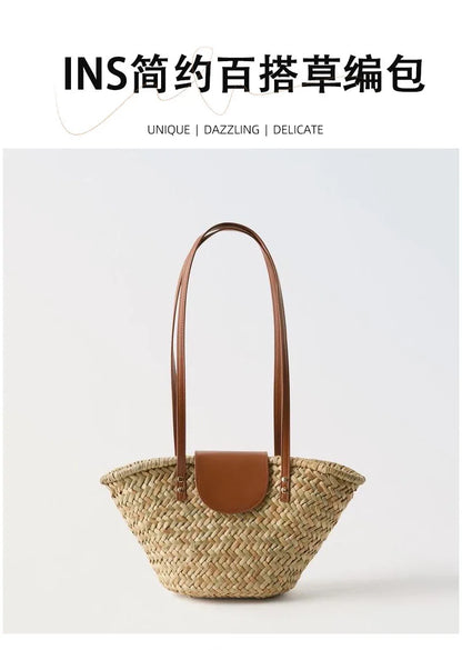 Bolso de mimbre informal para mujer, tejido de mimbre natural, estilo vintage, hecho a mano, para playa, de gran capacidad