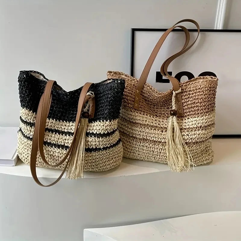 Sac fourre-tout décontracté en paille à pompon rayé, sacs à bandoulière en papier tissé pour femmes, sac de plage d'été fait à la main, sacs à main de grande capacité