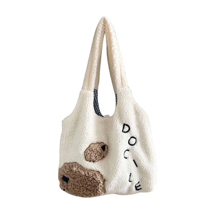 Japanese Style Kawaii Plush Bag Women Big Tote Bag Ladies Handbags Winter Soft Imitation Lamb Hair Shoulder Bag For Women Bolso