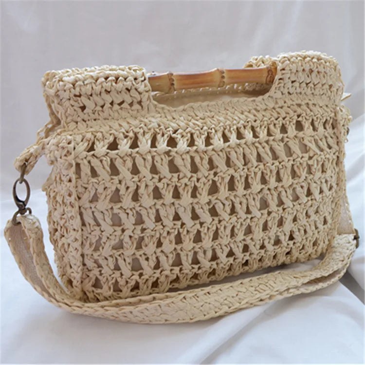 Bolsos de mano de paja con asa de bambú vintage, bolsos casuales tejidos con papel para mujer, bolsos cruzados hechos a mano para playa de verano, bolsos pequeños tipo cartera