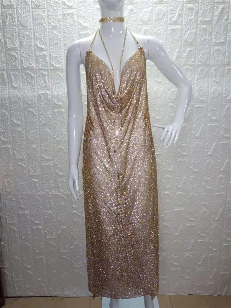 Robe de soirée longue et élégante en cristal pailleté pour femme, robe de soirée sexy dos nu, licou, scintillante, fendue haute