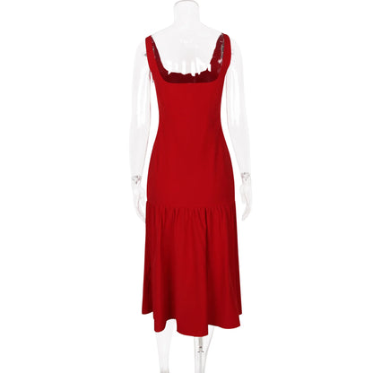 Suninheart Vestido Midi de Fiesta 2024 Recién Llegados Vestido Elegante con Dobladillo y Tirantes Finos Rojos Vestidos Casuales para Fiestas de Cumpleaños