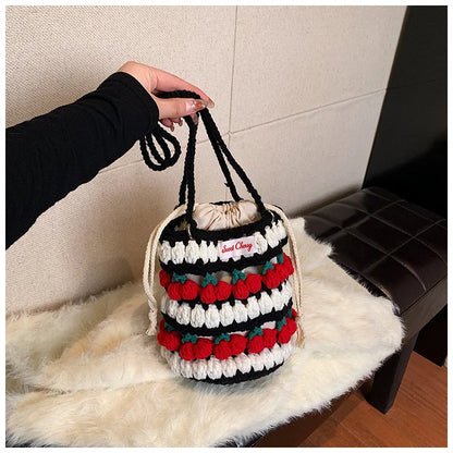 Handmade Woven Cherry Woolen Bag Fresh Fruit Woven Bag Crochet Knitted Bag Leisure String Shoulder Crossbody Bag 2024 New