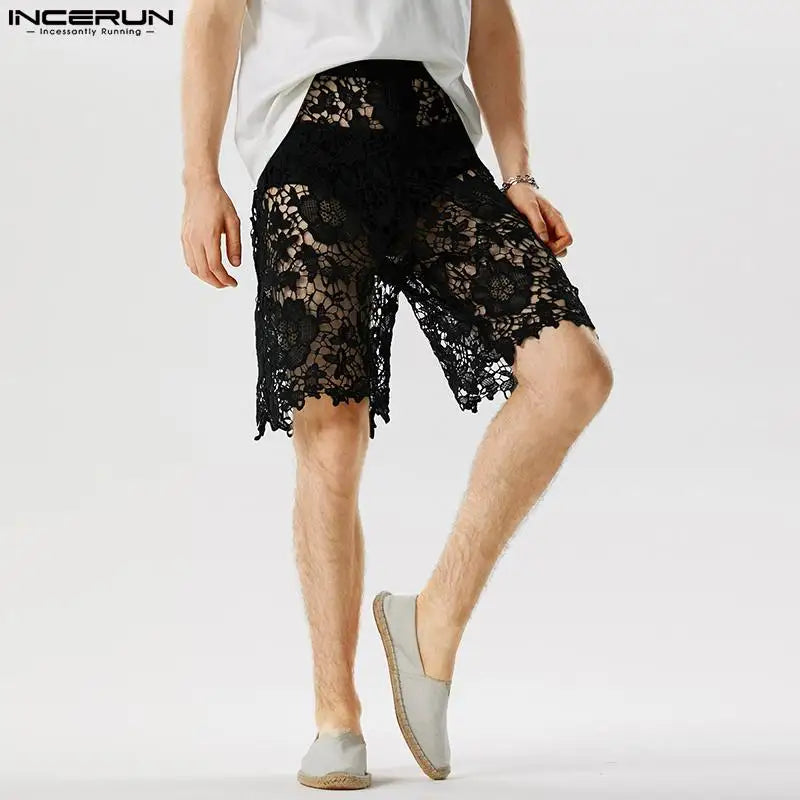 Short élégant et bien ajusté pour homme INCERUN Short en dentelle imprimé ajouré pour soirée décontractée Short en maille transparente sexy S-5XL