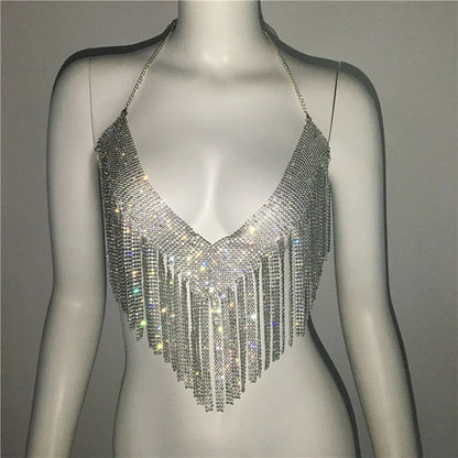 Chaleco con cuello halter y brillantes diamantes de imitación para mujer, top sexy de playa con borlas y cadena sin espalda para mujer, top corto calado para fiesta 2023