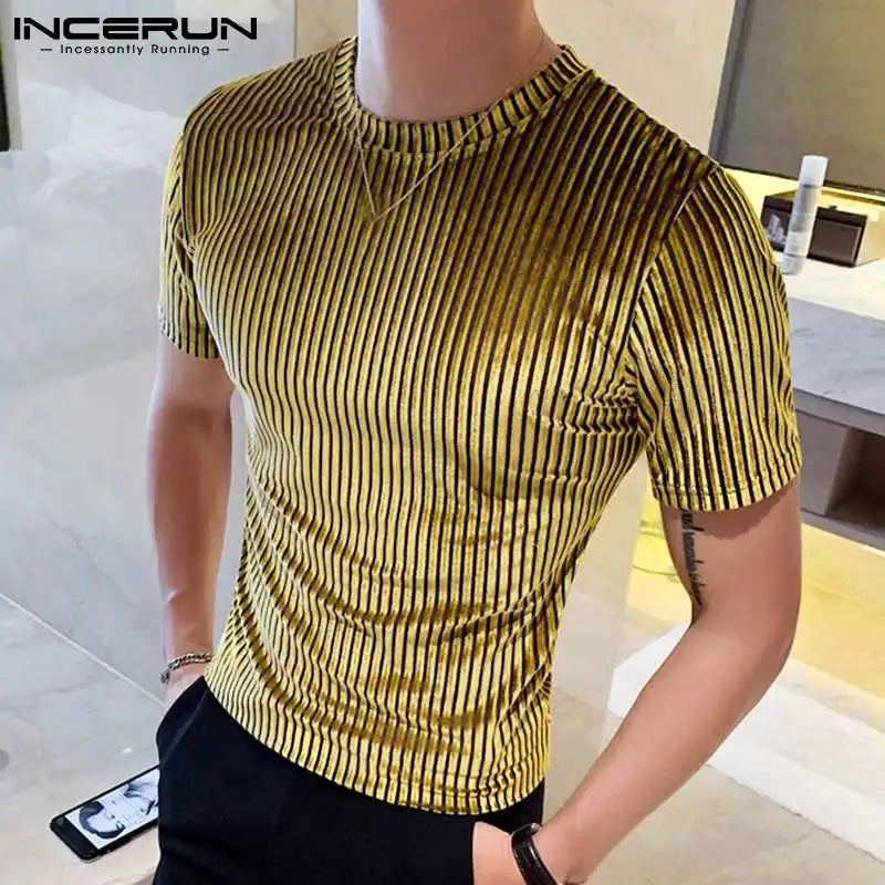 Fashion Casual Style Men's Camiseta  Party Shows Tees INCERUN Male Stylish Hot Sale Drawstring Round Neck Stretch T-shirts S-3XL