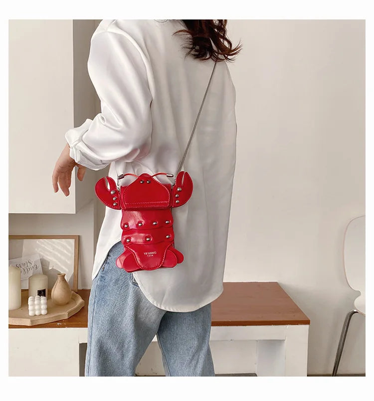 Funny Crayfish Shape Pu Shoulder Bag For Women Summer Red Phone Bag Girls' Chain Small Crossbody Bag