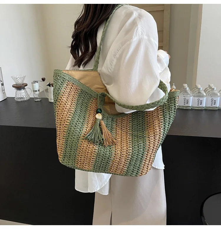 Bolso tejido de paja estilo vacaciones de verano, gran capacidad, versión coreana, tendencia occidental, bolso de hombro, bolso de mano de viaje de moda, diseñador