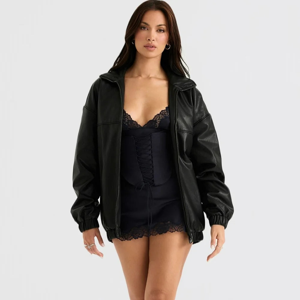 Chaqueta de cuero negra Suninheart, marca de moda retro de otoño, chaqueta de alta gama para chicas picantes de High Street, ropa de invierno para mujeres 2024