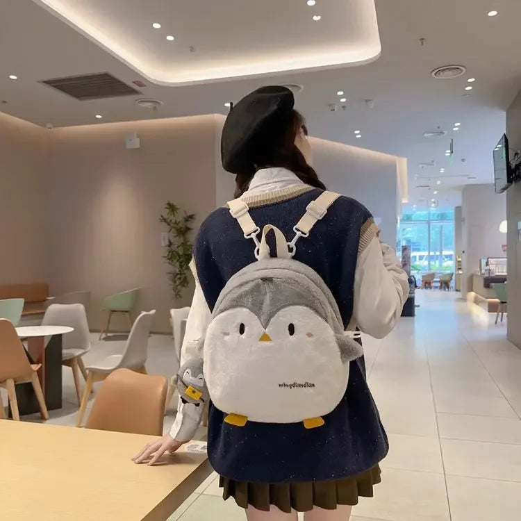 Sac à dos en peluche douce Kawaii pour femmes, mignon pingouin, mini sac à dos d'école pour adolescentes, sacs chauds en fausse fourrure, Mochilas Femininas