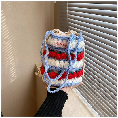 Handmade Woven Cherry Woolen Bag Fresh Fruit Woven Bag Crochet Knitted Bag Leisure String Shoulder Crossbody Bag 2024 New